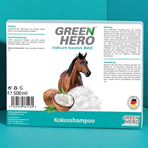 Green Hero Kokosshampoo für Pferde - Intensivpflege für Fell, Schweif & Mähne - 500ml, natürliches Kokosöl, ohne Silikon