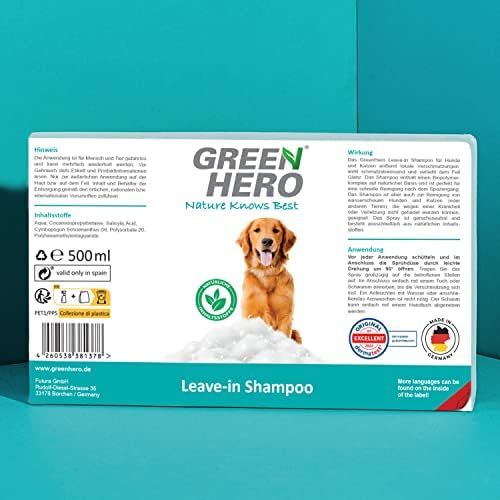 Green Hero Leave-in Shampoo für Hunde 500 ml – schnelltrocknendes Trockenshampoo für mühelose, gründliche Reinigung unte